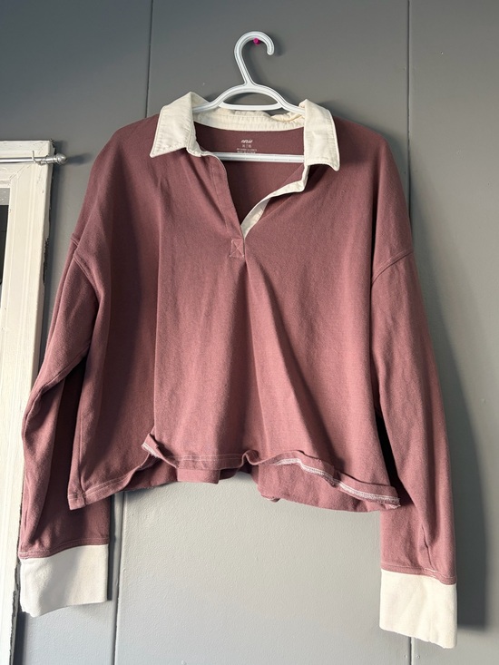 aerie Tops - aerie Cropped Rugby Pullover in Dusty Rose with Cream Collar